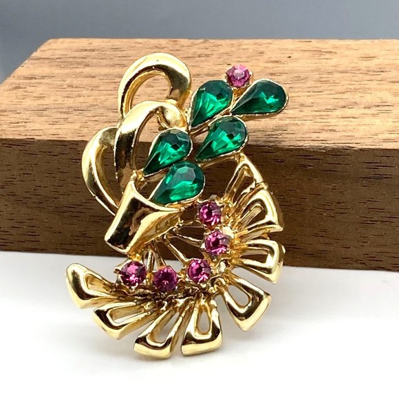 Vintage Blooming Cactus Brooch, Bright Floral Green and Pink Crystals on Gold - Picture 3 of 4
